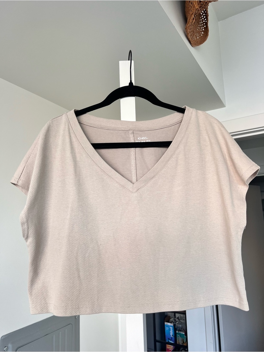 OGL V-Neck Boxy Oversized Cropped T-Shirt Beige Size Small